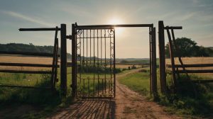 Leonardo_Kino_XL_An_open_gate_in_a_rural_landscape_Reflecting_3