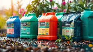 An image of fertilizers for agriculture in a wet rainy scene, bright vibrant colors, lively and energetic mood, rain droplets visible, reflective surfaces highlighting the fertilizers