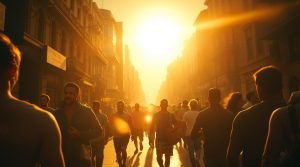 An image with intense dramatic lighting, warm golden glow, people walking in a very hot city sweating under a big sun, radiant and luxurious, high c