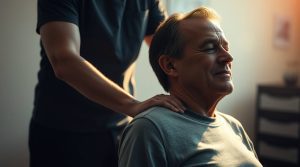 Warm, soft, slightly dark professional photograph with cinematic haze and soft focus, hazy background, physiotherapist gently manipulating patient, patient showing relief and tension